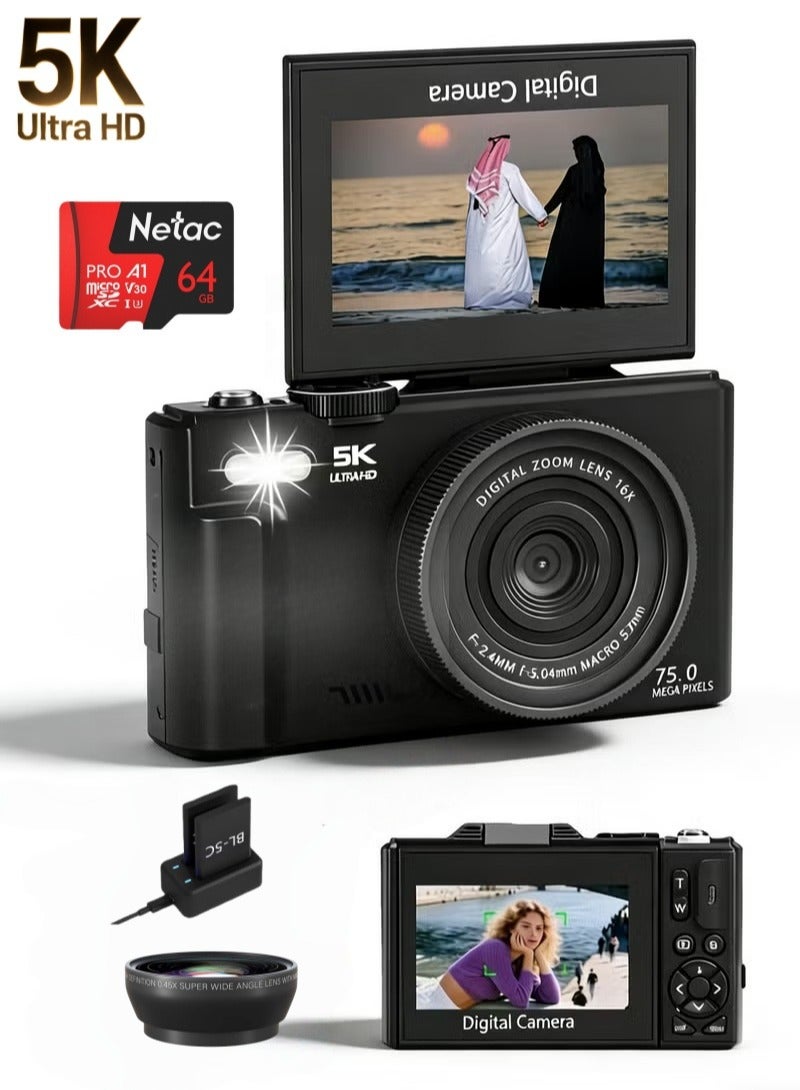 Daxiongmao 75MP 5K Digital Camera Kit with 18X Zoom, Auto Focus, Wide-Angle & Macro Lenses, Compact Portable Travel Camera Includes 64GB Card & 2 Batteries, Ideal for Vlogging, Photography and Teens - Image 1